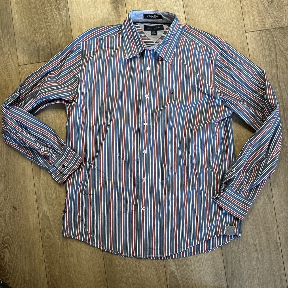 Tommy Hilfiger 80s 2 Ply Fabric Striped Long Sleeve Button Down Mens Large